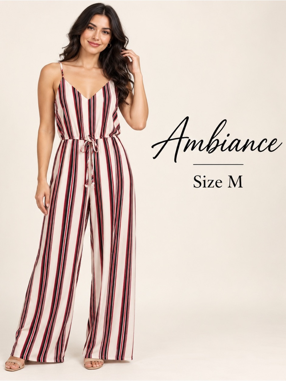 Ambiance Striped Wide Leg Jumpsuit Adjustable Straps casual coastal summer/M